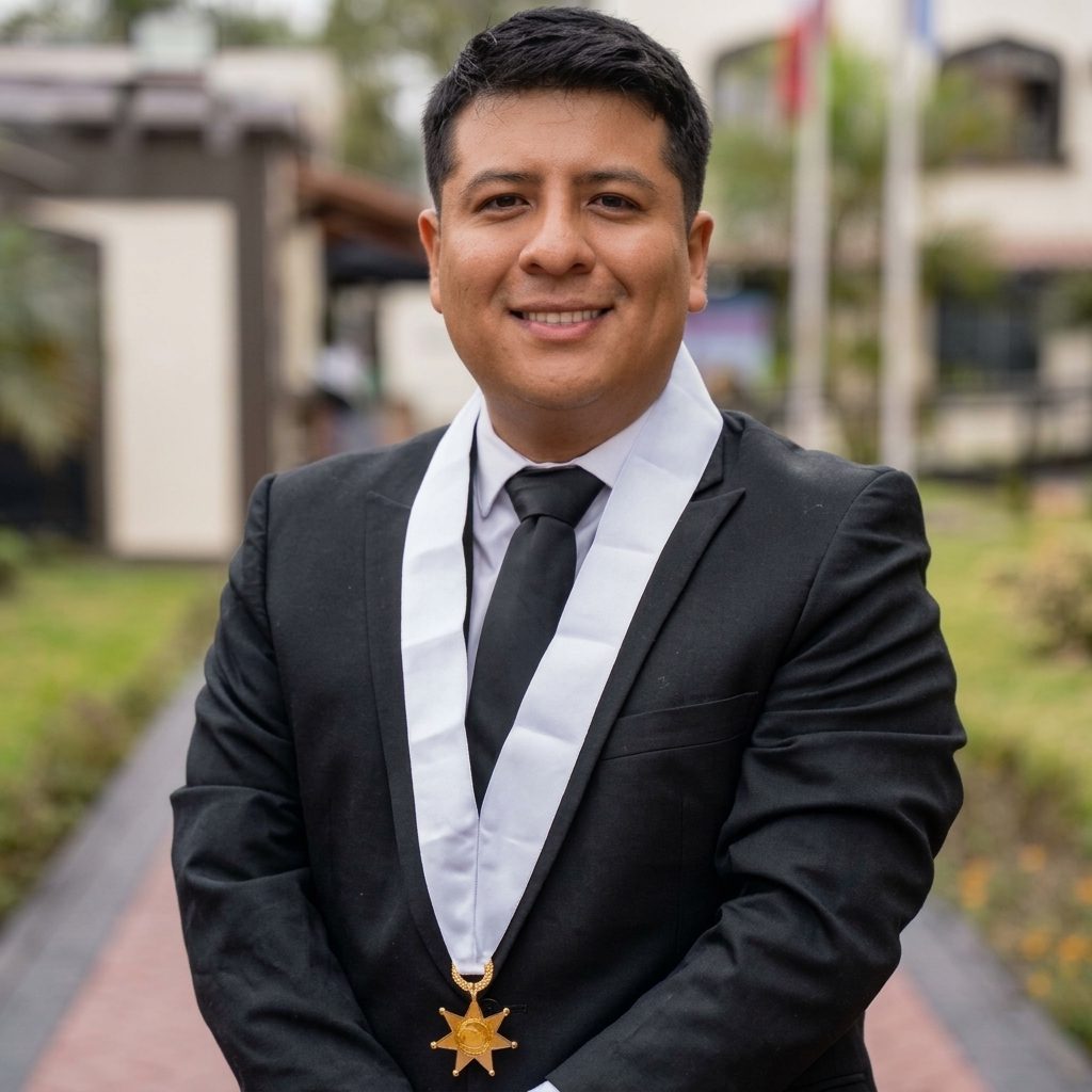 Retrato profesional del abogado Bryan Juscamayta Cosme, con terno negro y medalla del Colegio de Abogados